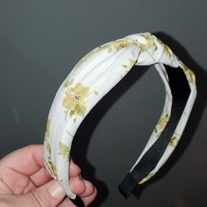 New handmade boutique floral top knot flexible wide headband white
